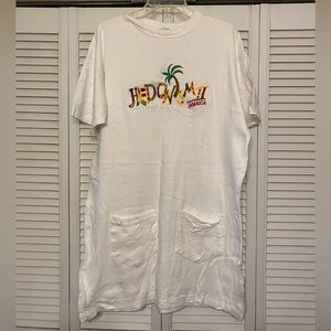 Beach Comber swimsuit cover/T-shirt dress, one size, white w/colorful branding.